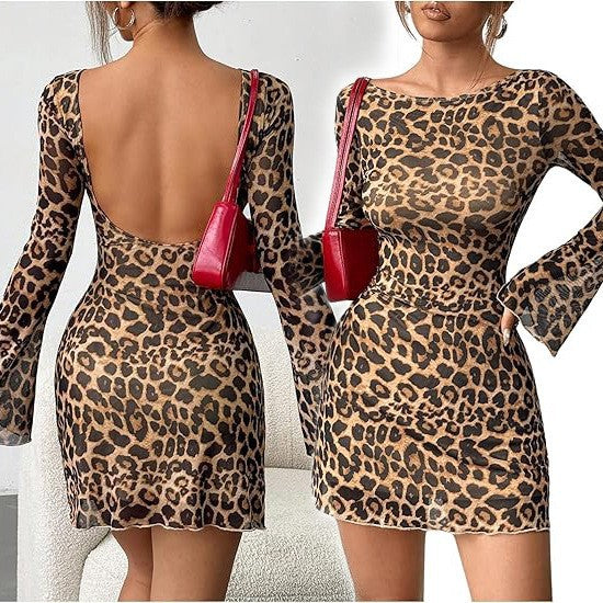 Women's Leopard Print Mesh Dress Backless Flare Sleeve Dresses