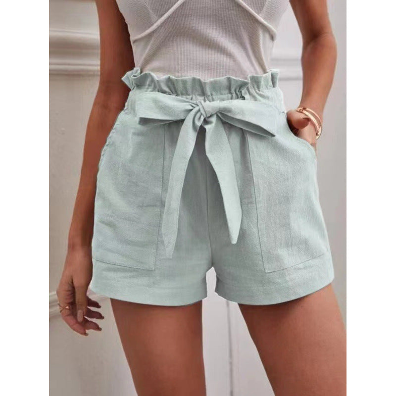Women's Linen Leisure Pocket Solid Color Waist Shorts