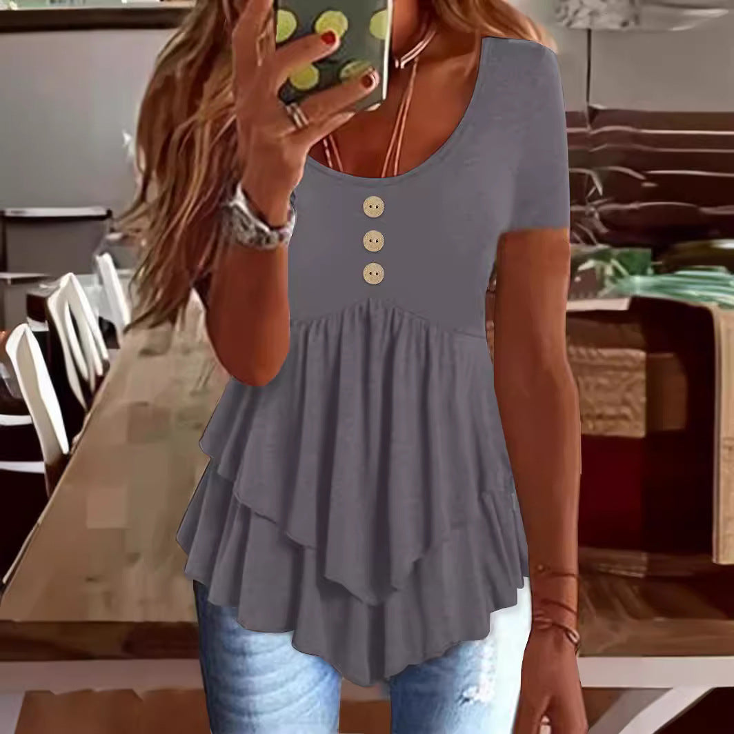 Women's Fashion Button Casual Solid Color Sleeve Blouses