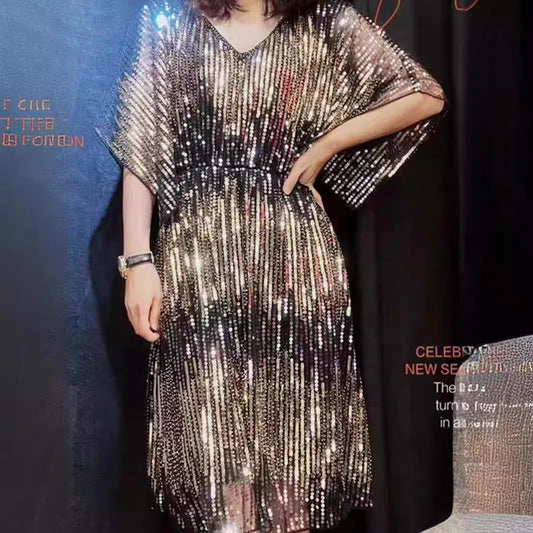 Women's Shiny Beaded Sequins Waist Elastic Batwing Sleeve Dress Evening Dresses