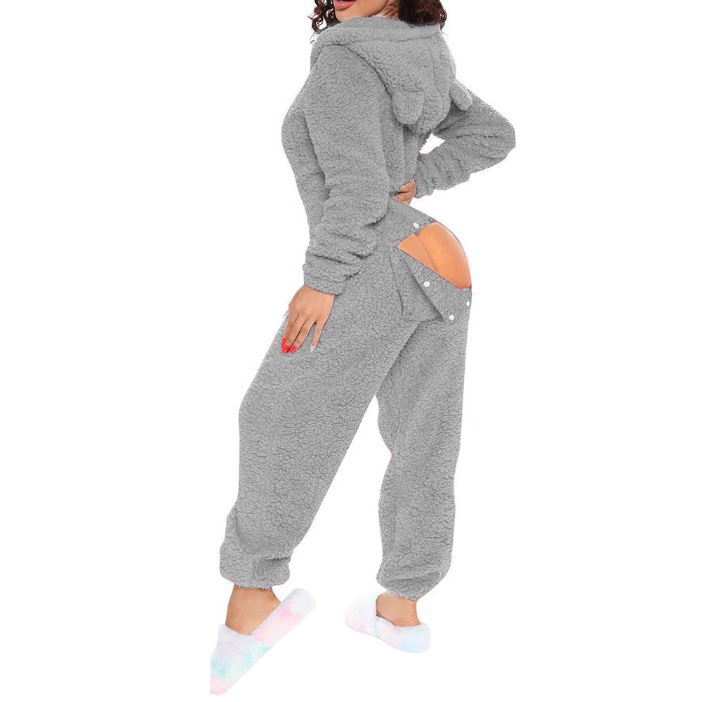 Women's One-piece Sexy Opening Long-sleeved Hooded Cute Jumpsuits