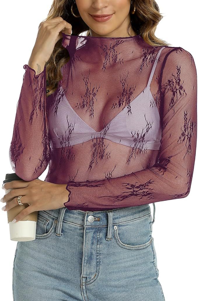 Women's Spring Mesh Long Sleeve Floral Embroidery Blouses
