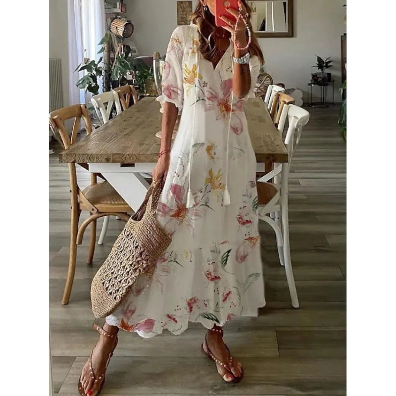 Casual Sweet Loose Printed Tassel Long Dresses