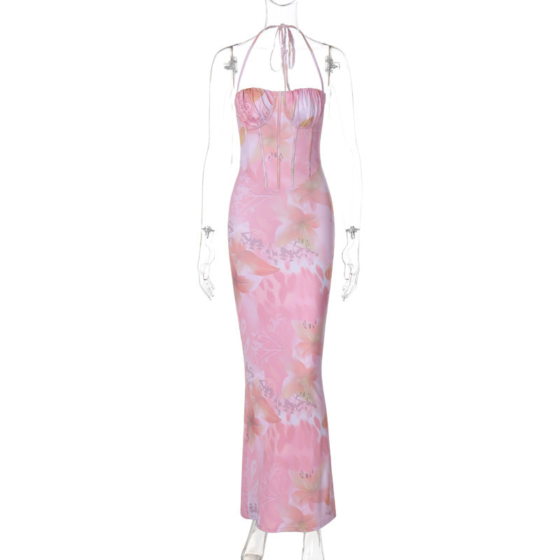 Fashion Printed Sexy Halter Lengthened Increased Dresses