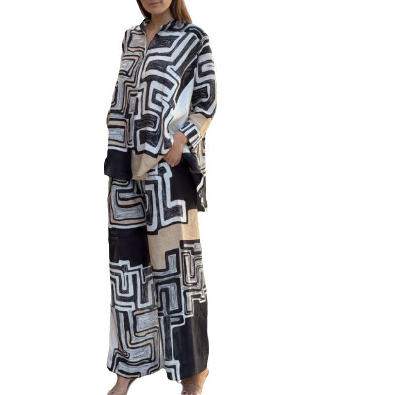 Women's Fashion Cotton Linen Printed Long Sleeve Suits