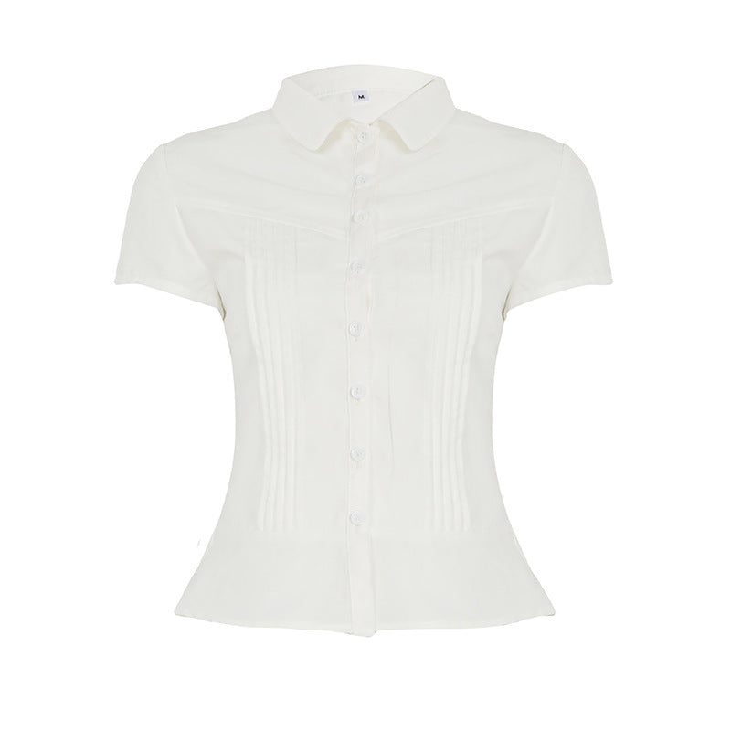 Women's Organ Pleated Solid Color Collar Short-sleeved Blouses