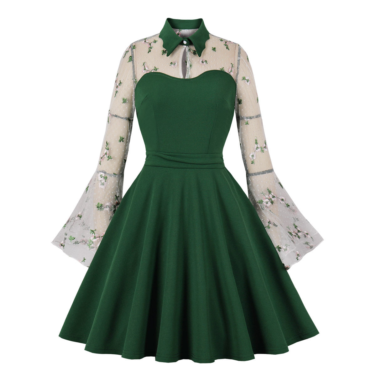 Women's Black Sleeve Mesh Embroidered Bell Patchwork Dresses