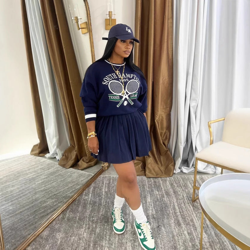 Women's Autumn Baseball Pullover Pleated Two-piece Set Suits