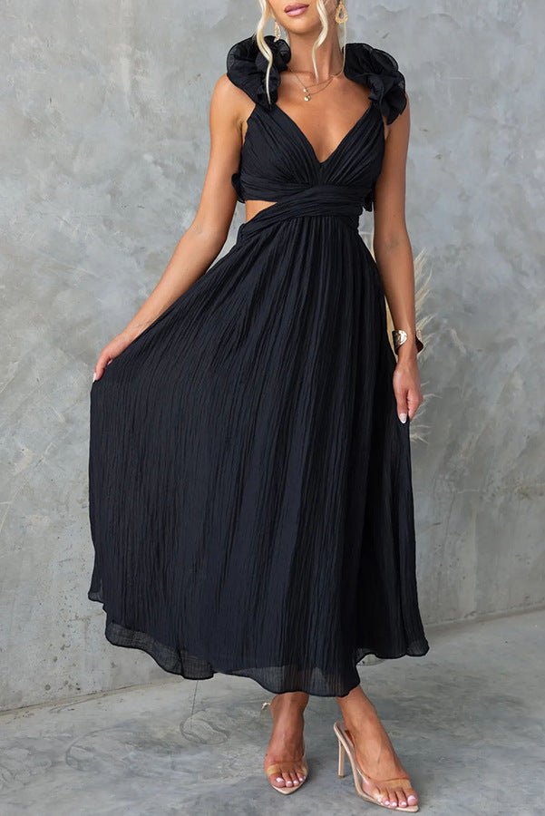 Women's Summer Sexy Sleeveless Solid Color Pleated Dresses