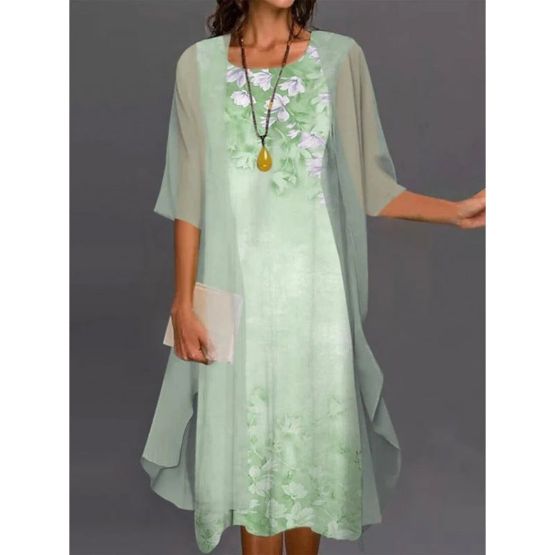 Women's Summer Casual Dress Two-piece Set Flowers Plants Printed Dresses