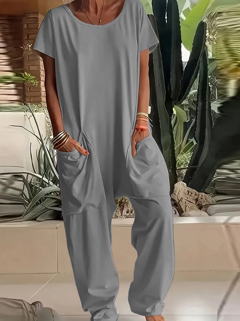 Women's Summer Solid Color Oversized Pocket Jumpsuits