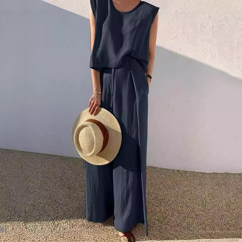 Women's Casual Loose Two-piece Sleeveless Wide Leg Pants