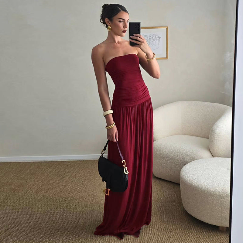 Women's Summer Sleeveless Sexy Tube Pleated Long Dress