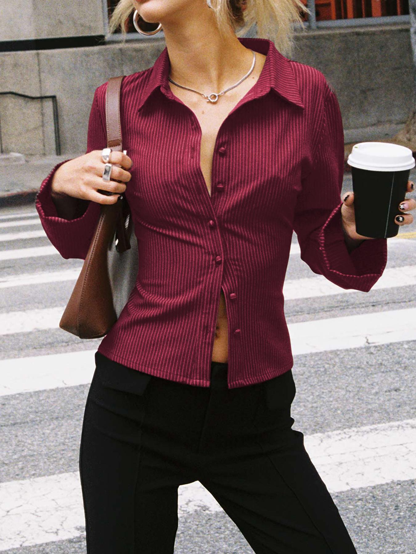 Lapel Breasted Long-sleeved Shirt Slim Striped Blouses