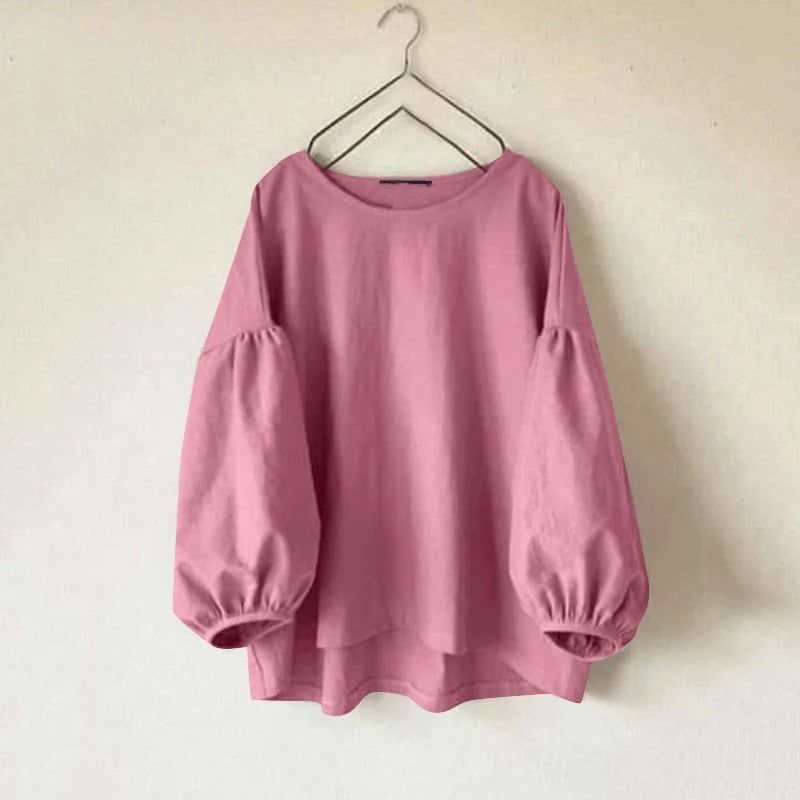 Women's Long Sleeve Round Neck Shirt Solid Color Tunic Blouses