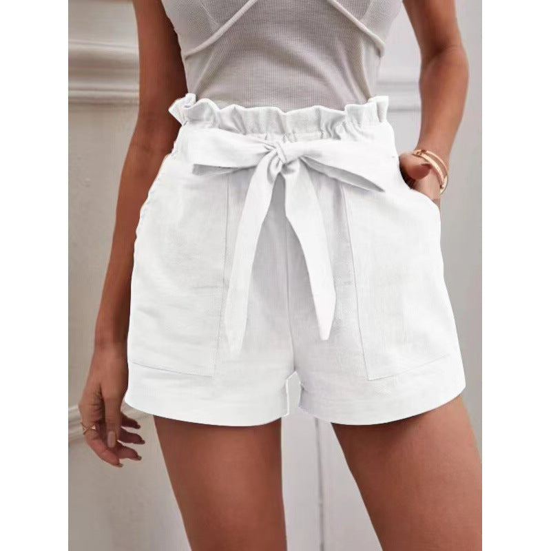 Women's Linen Leisure Pocket Solid Color Waist Shorts