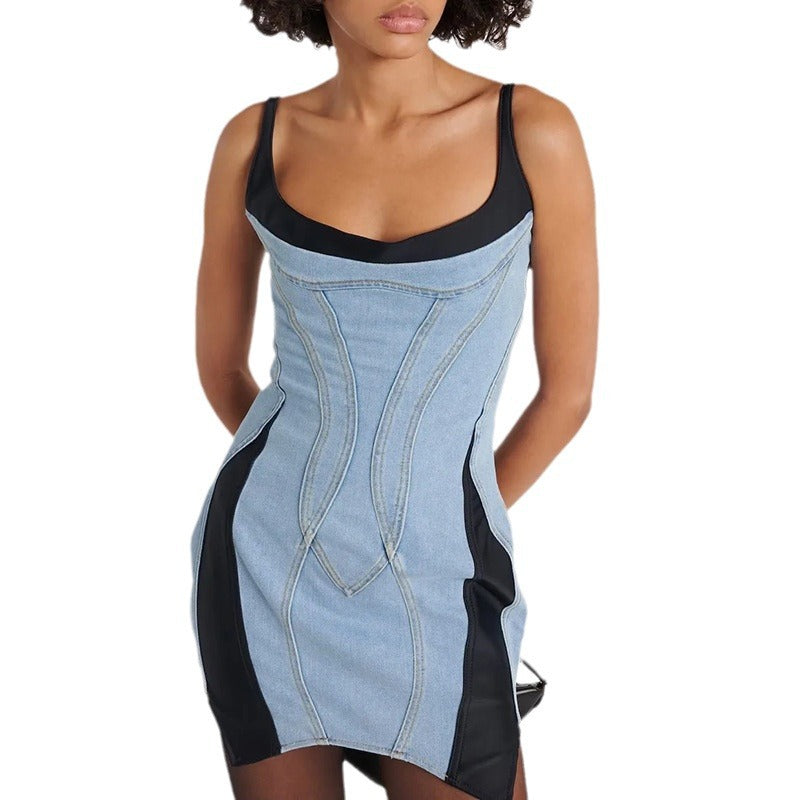 Women's French Style High Sense Denim Braces Dress