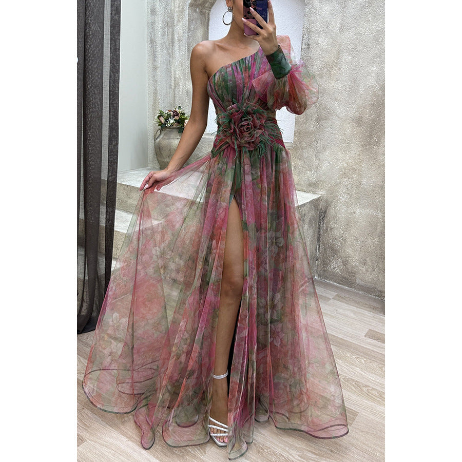 Women's Party Mesh Sloping Shoulder Dress Casual Dresses