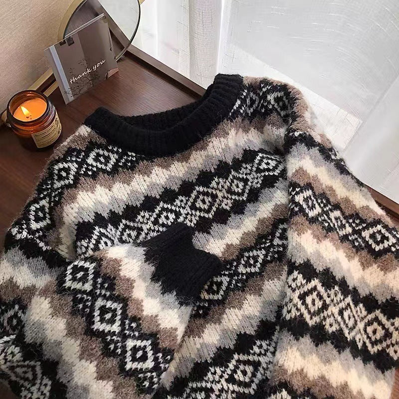 Women's Loose Casual Rhombus Plaid Brocade Outer Wear Idle Style Sweaters