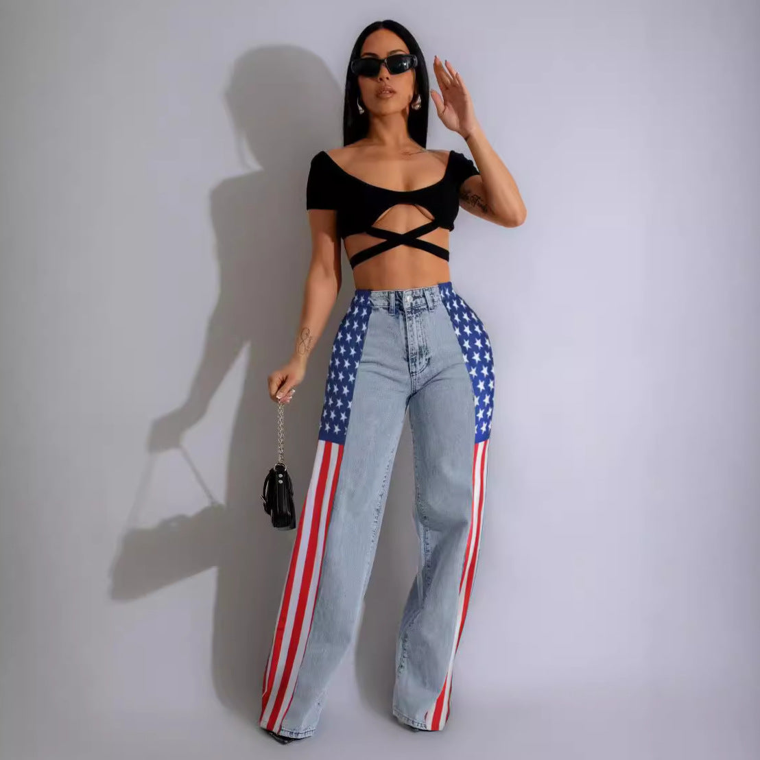 Women's Fashion Flag Print Stretchy Denim Trousers Casual High Jeans