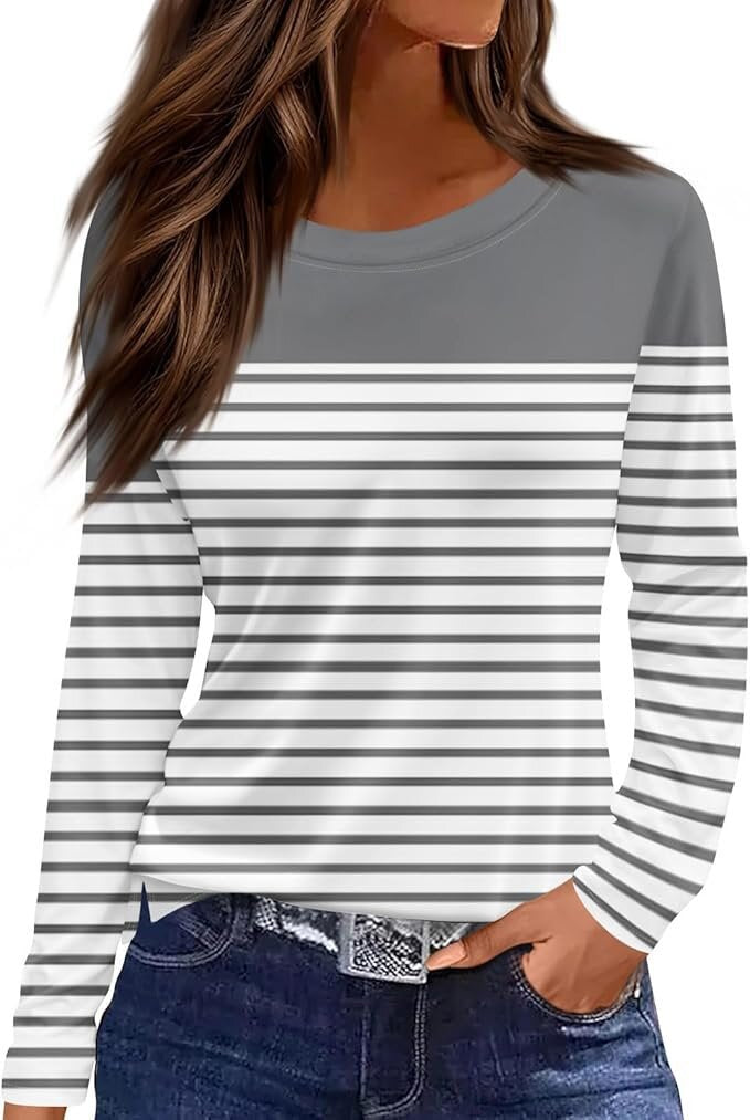 Women's Round Neck Printed Solid Color Long Blouses