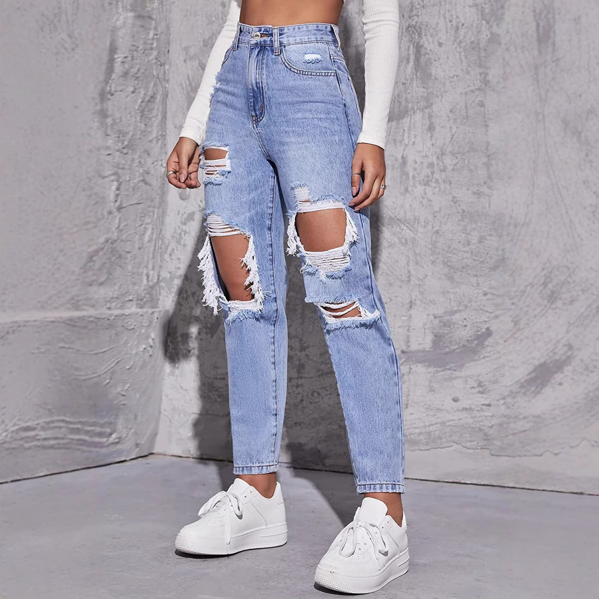 Women's Ripped Trend Water Washed Hole High Jeans