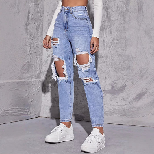 Women's Ripped Trend Water Washed Hole High Jeans