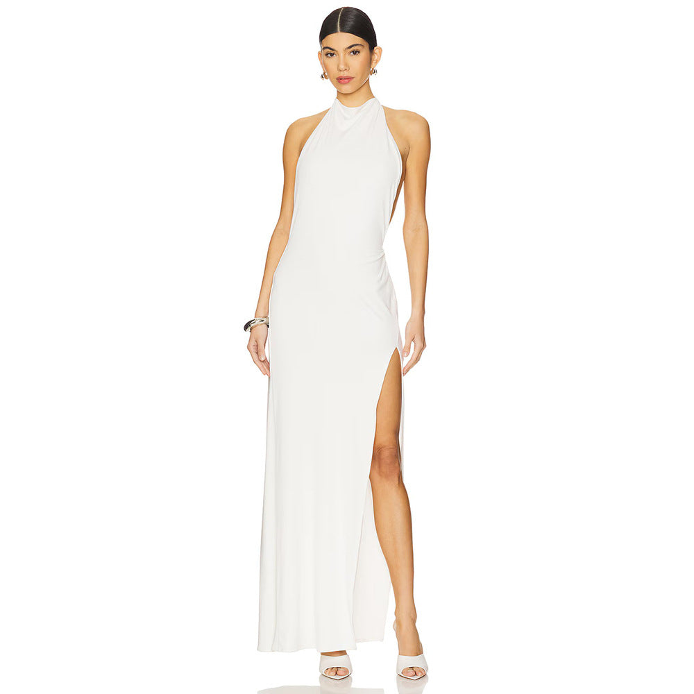 Women's Backless High Bifurcated Rivet Diamond Solid Dresses