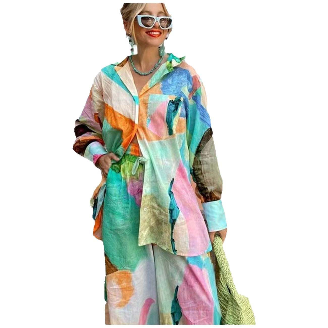 Printing Collar Loose Long Sleeve Two-piece Fashion Casual Suit