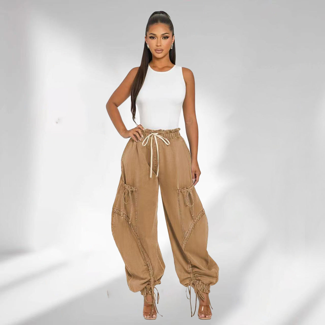 Women's Elastic Waist Drawstring Bow Loose Slimming Jeans