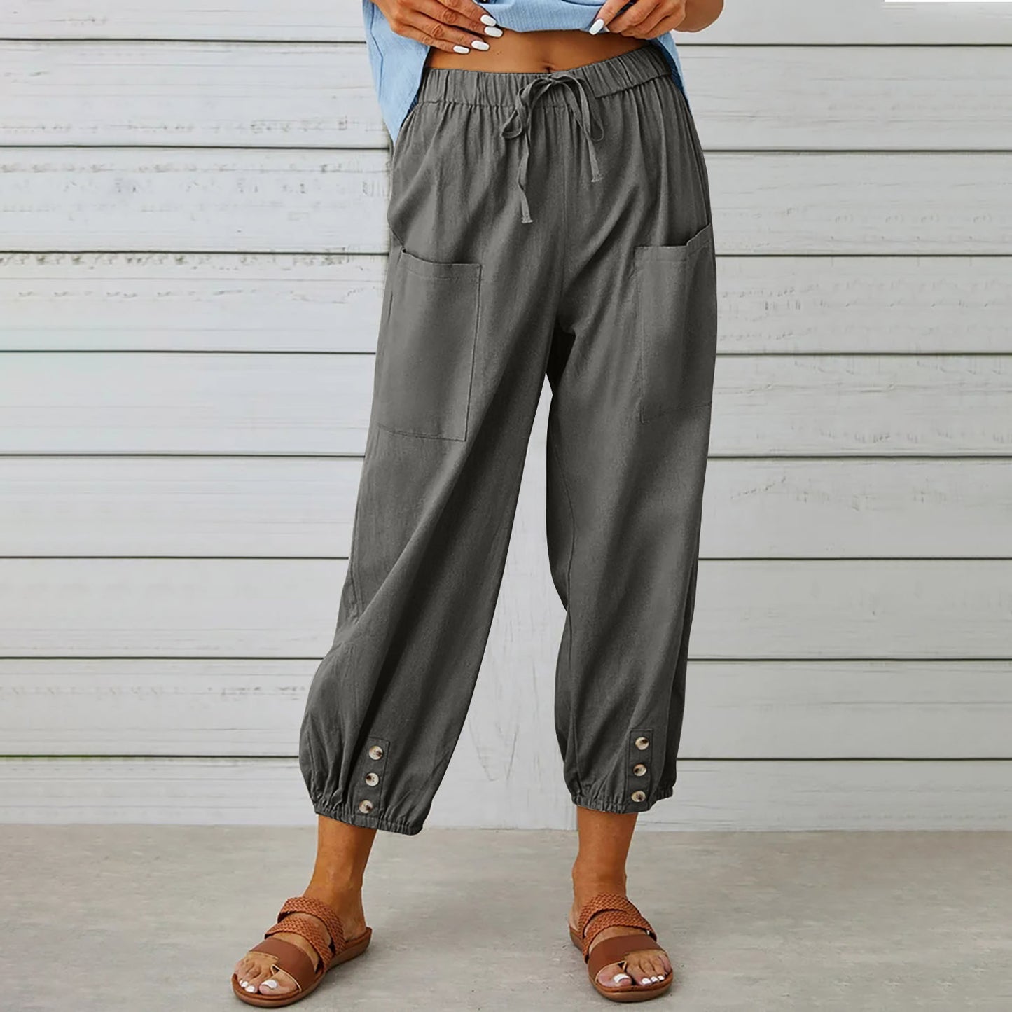 Women's High Waist Button Cotton Linen Trousers Pants