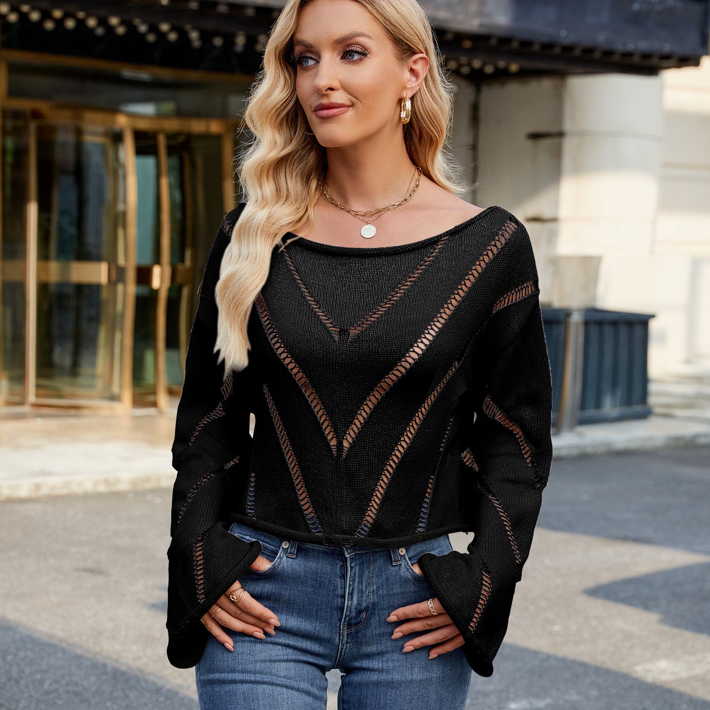 Women's Spring Hollow Loose Long-sleeved Pullover Sweater