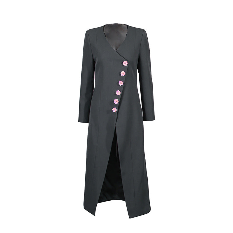 Commute Style Flower Button Stitching Design Solid Color Long Coats