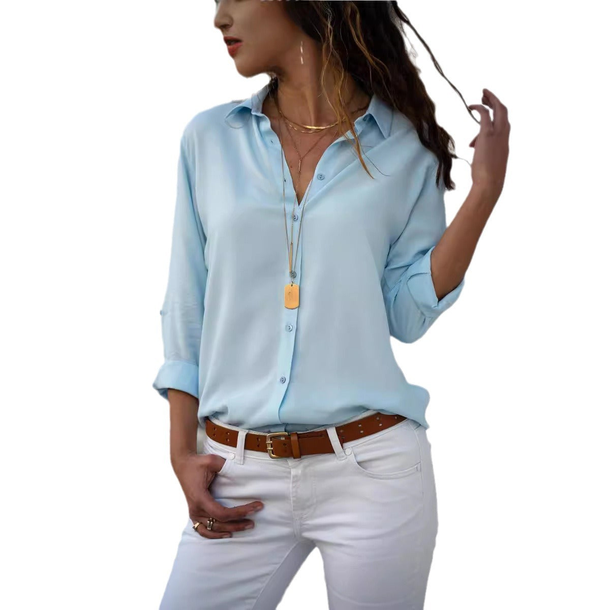 Women's Long Sleeve Ladies Lapel Button Shirt Blouses