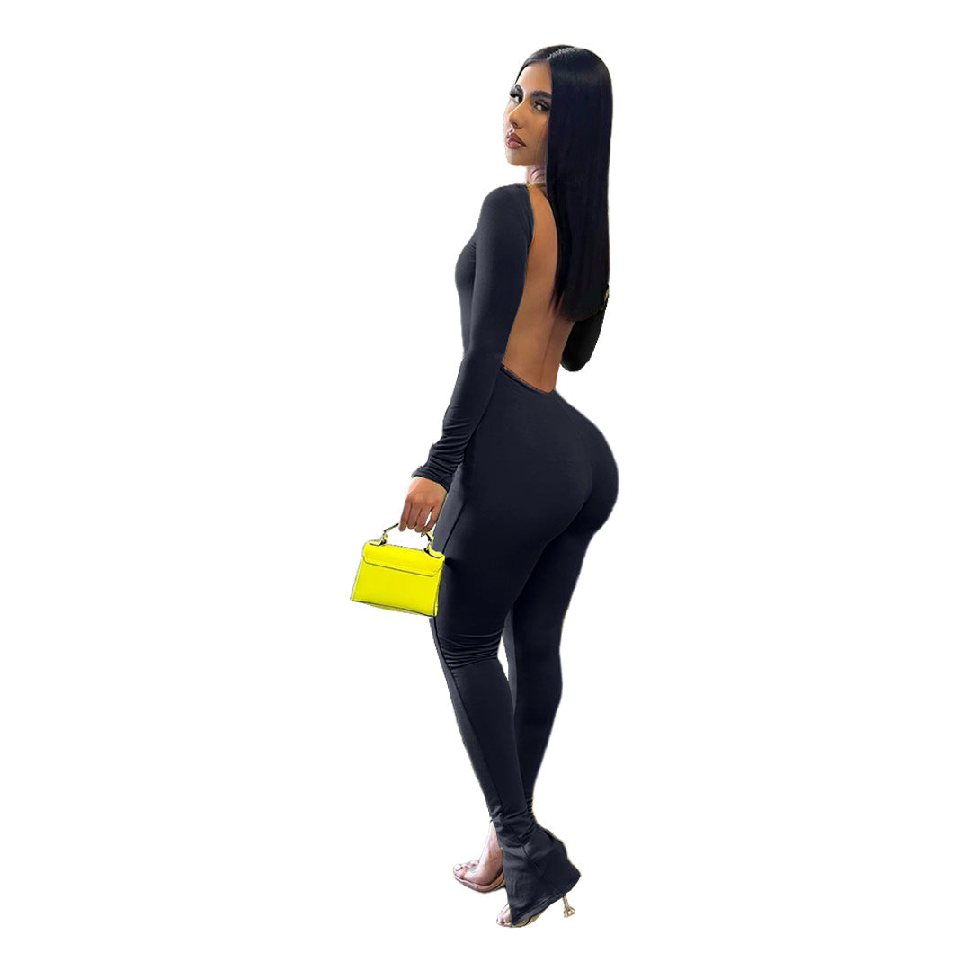 Women's Finger Stall Clothes Solid Color Backless Slit Jumpsuits