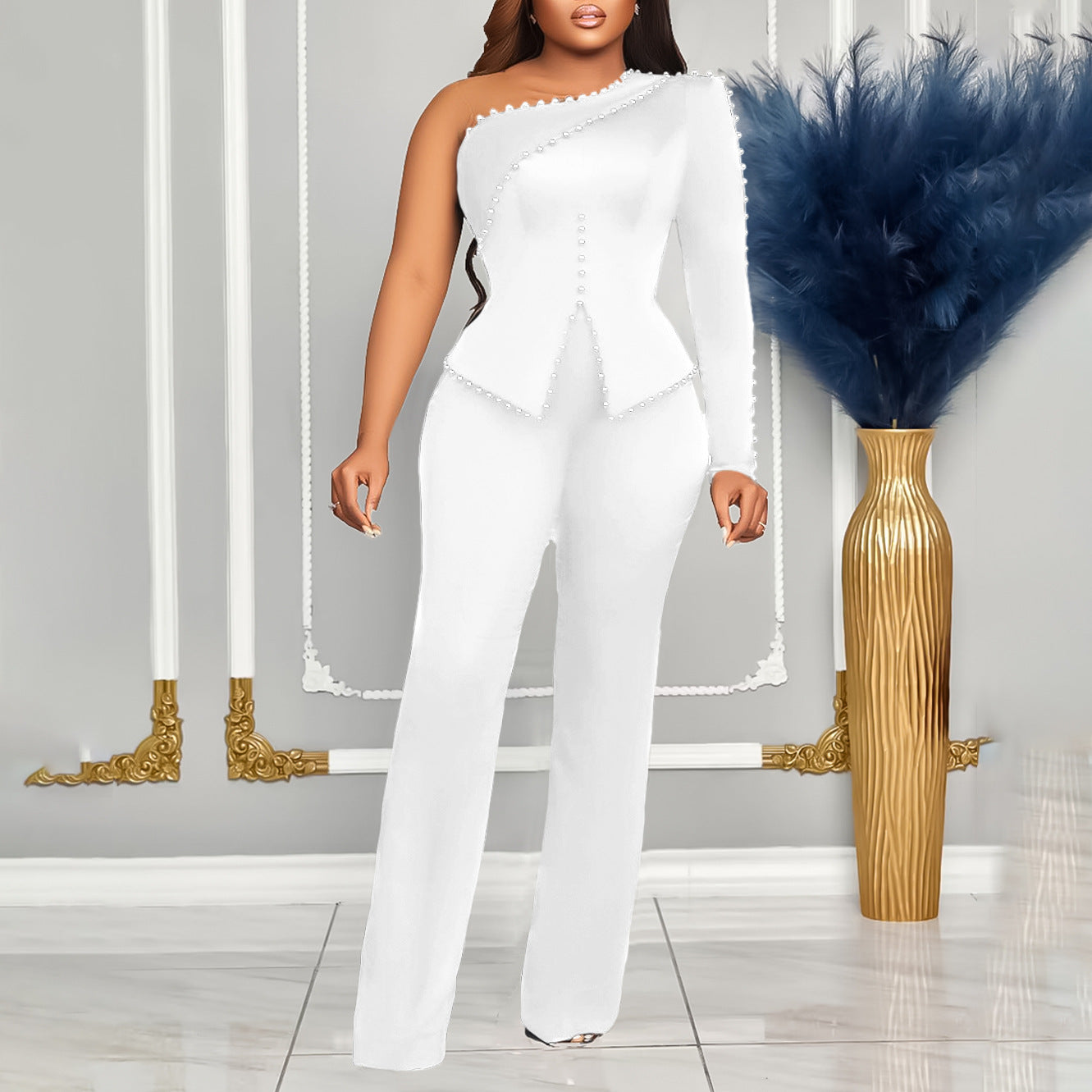 Women's Spring Shoulder Beaded Ol Two-piece Set Suits