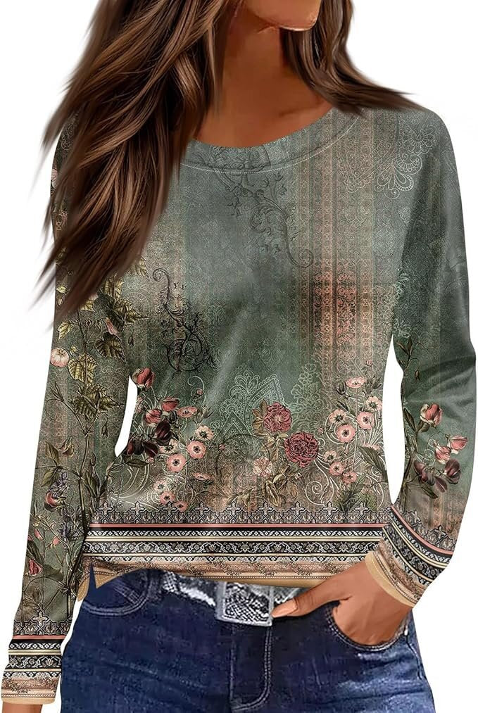 Women's Round Neck Printed Solid Color Long Blouses