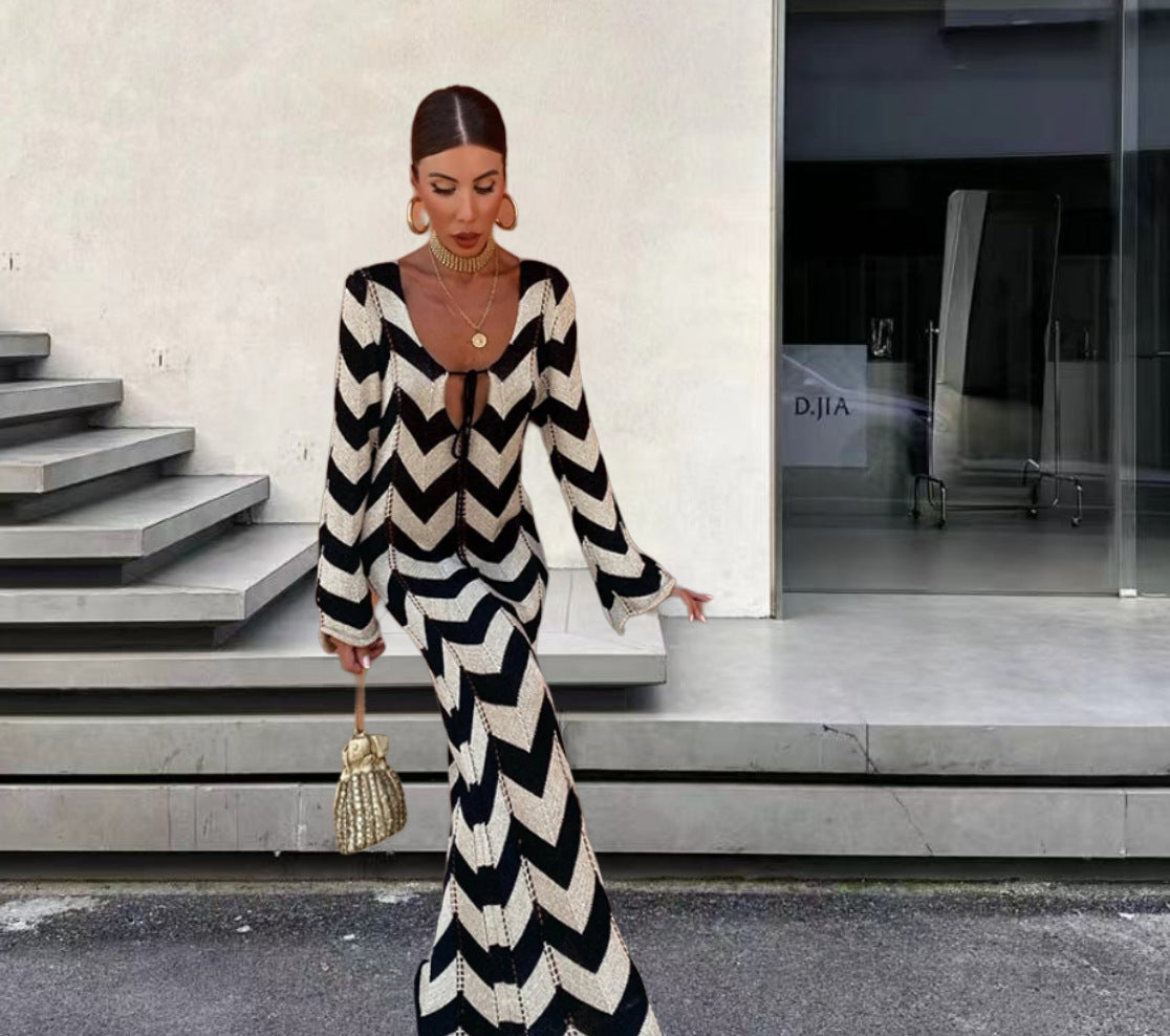 Women's Sleeve Hollow High Waist Zebra Pattern Dresses