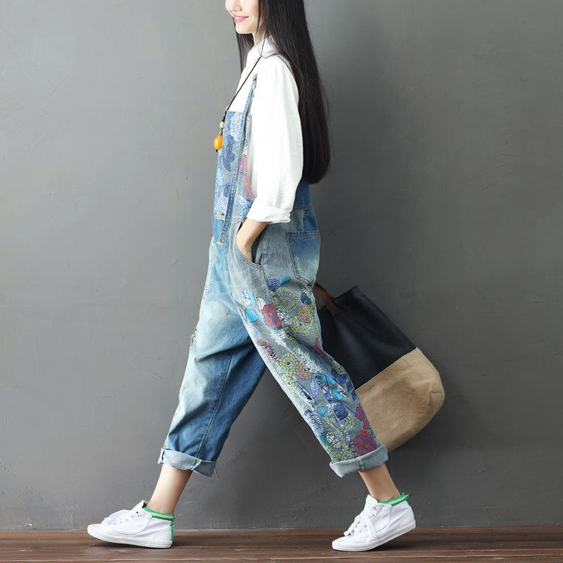 Women's Stitching Printed Suspenders Big Crotch Suspender Jeans