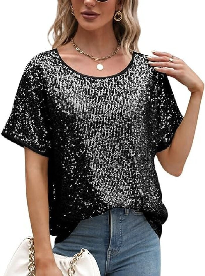 Loose Sequins Shoulder Sleeve Casual Sequin Tops