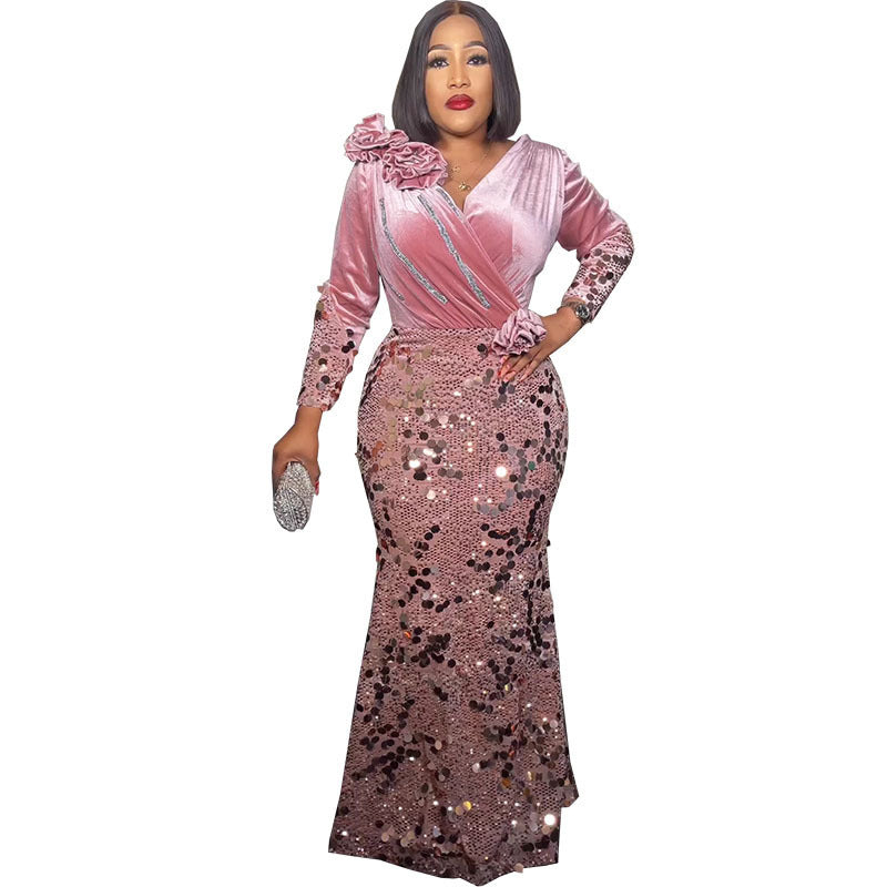 Luxury African Fashion Slim Veet Sequined Dresses