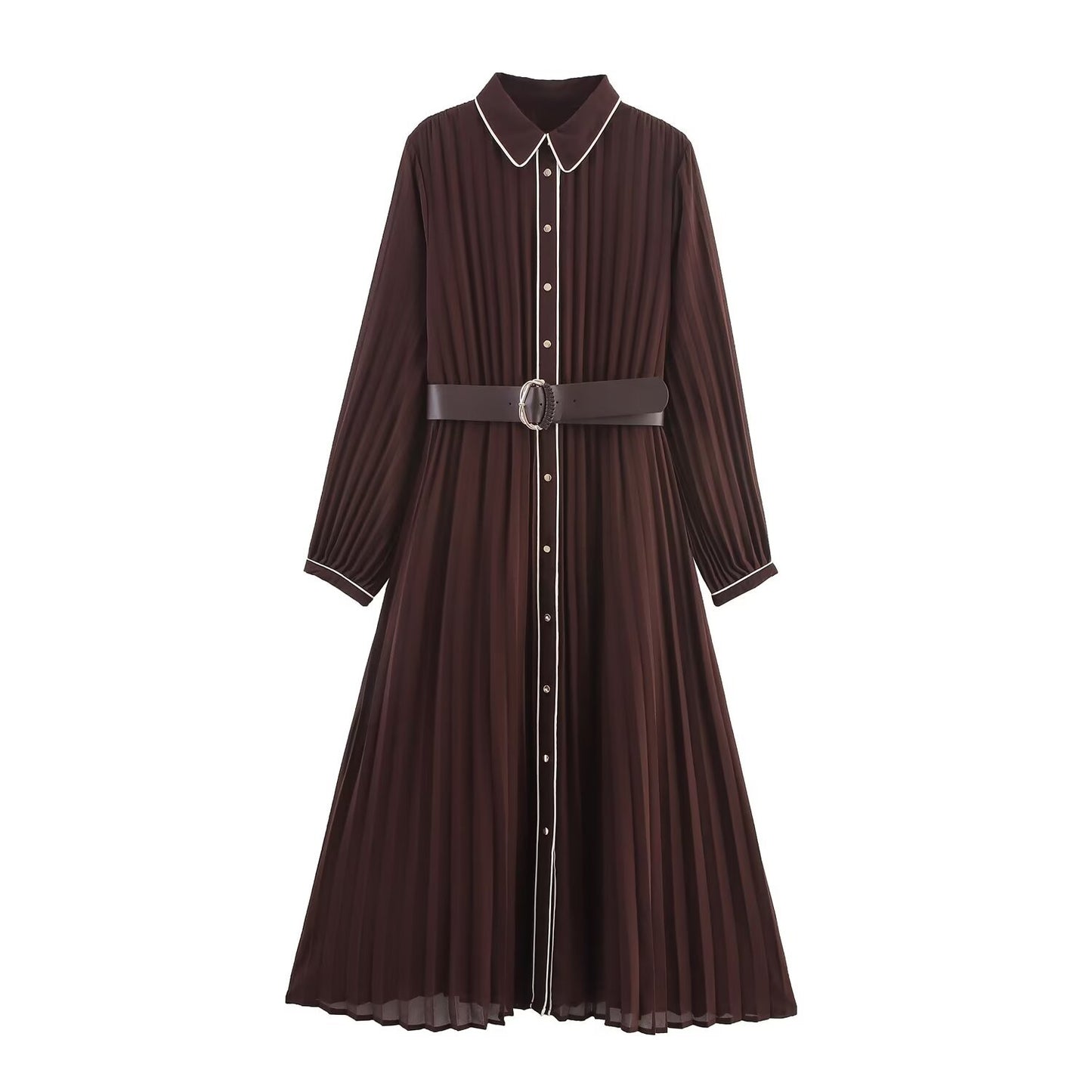 Autumn Fashion Simple With Belt Pleated Lapel Dresses