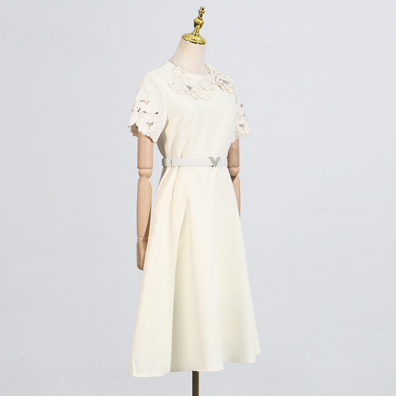 Elegant Retro Style Summer Round Neck Three-dimensional Flower Stitching Dresses