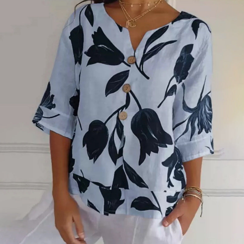 Women's Printed Cotton Linen Short-sleeved Pullover Shirt Blouses