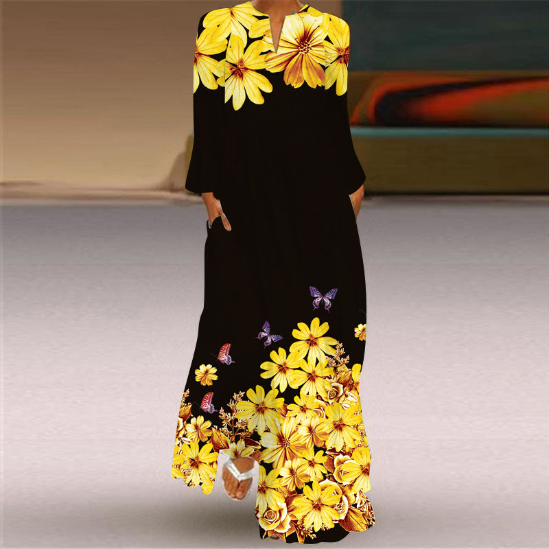 Women's Long Dress Sleeve Pocket Printed Loose Dresses
