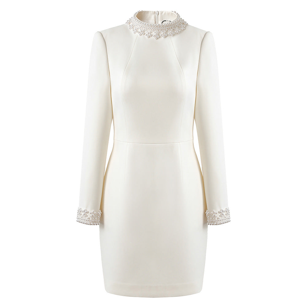 Beaded Stand-up Collar Long-sleeved Dress Light Dresses