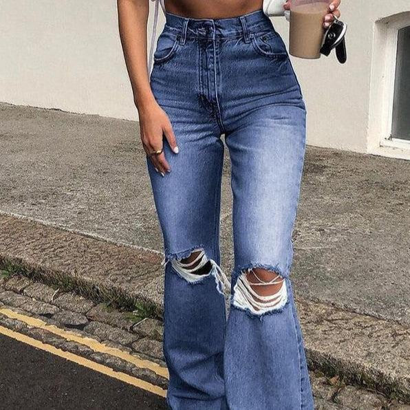 Waist Retro Stretch Slim Knee Hole Jeans