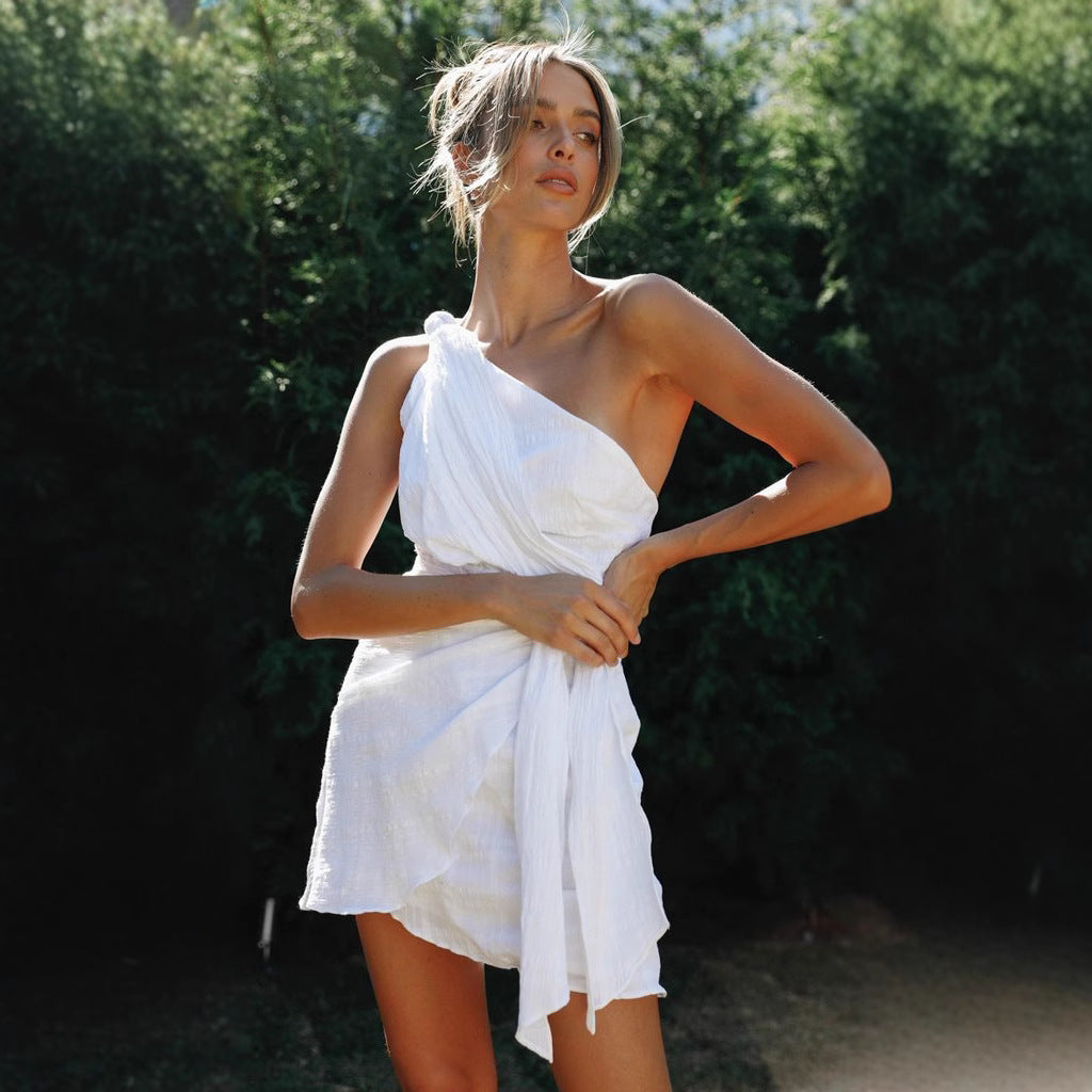 Women's Color Slant Shoulder Belt Irregular Hem Dresses