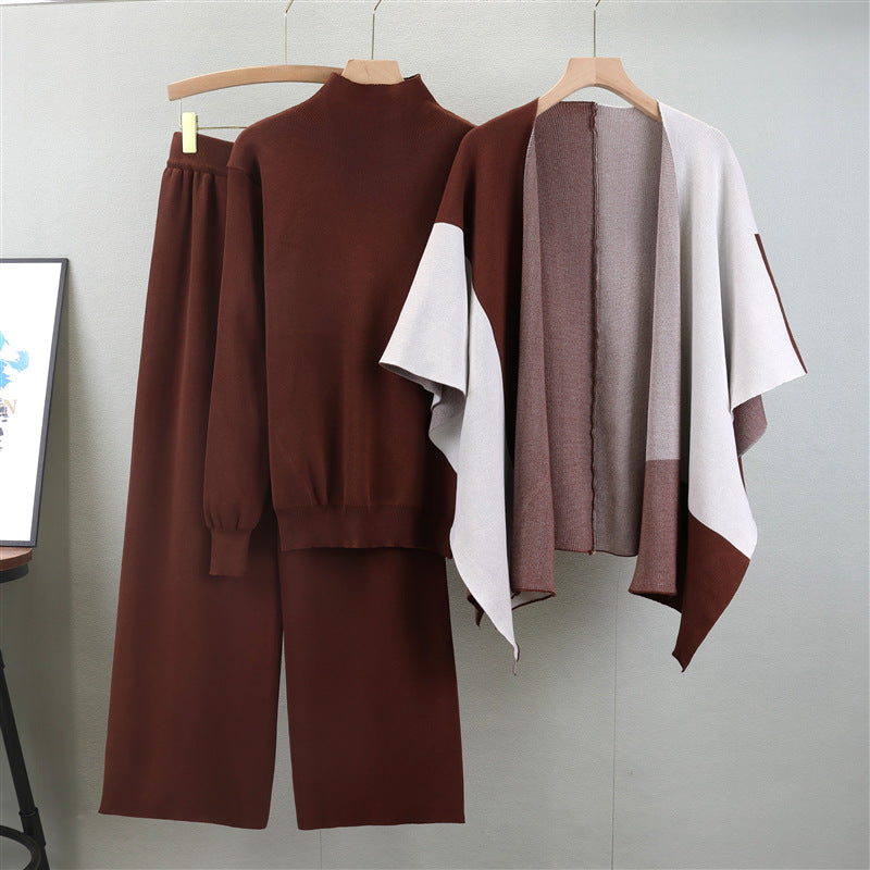 Women's Knitted Color Matching Shawl Three-piece Set Fashion Casual Suit