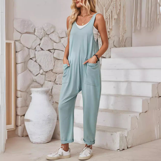Women's Summer Casual Pocket Knitted One-piece Trousers Jumpsuits